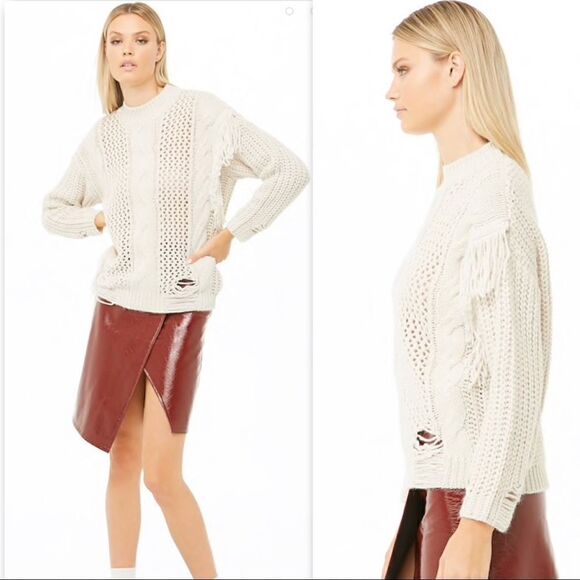 Forever 21 Tan Fringe Trim Mixed-Knit Sweater - Picture 5 of 8